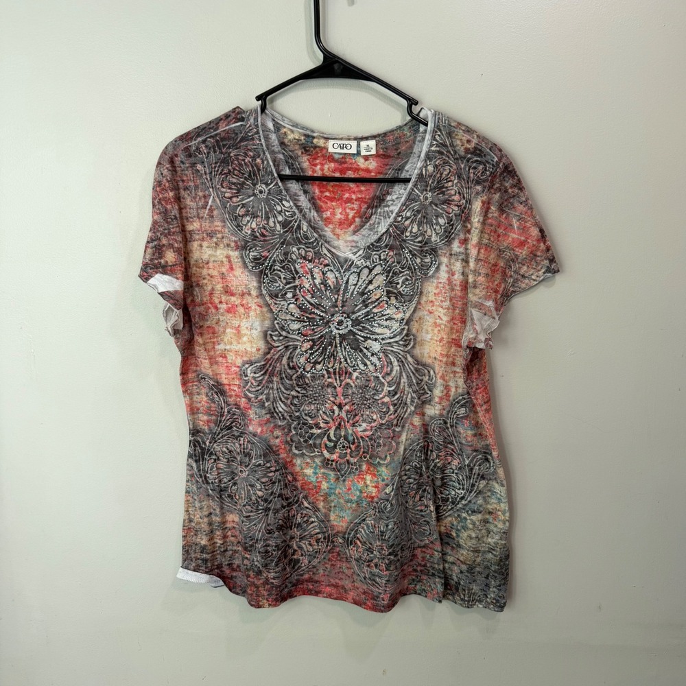 Cato Womens XL Red Grey Abstract Burnout Rhinestone Medallion V-Neck T-Shirt